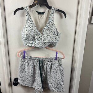 Marika green and white confetti athletic athleisure sports bra and shorts set